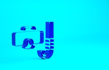 Blue Diving mask and snorkel icon isolated on blue background. Extreme sport. Diving underwater equipment. Minimalism concept. 3d illustration 3D render.