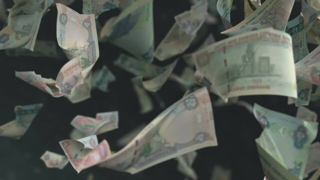 Falling banknotes Dirham UAE United Arab Emirates 4K Loopable
