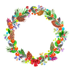 Watercolor colorful christmas wreath with, cones, fruits, berries, leaves, holiday bow and branches tree. White background