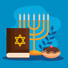 Happy hanukkah menorah torah and sufganiot design, holiday celebration judaism religion festival traditional and culture theme Vector illustration
