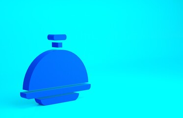 Blue Covered with a tray of food icon isolated on blue background. Tray and lid sign. Restaurant cloche with lid. Minimalism concept. 3d illustration 3D render.