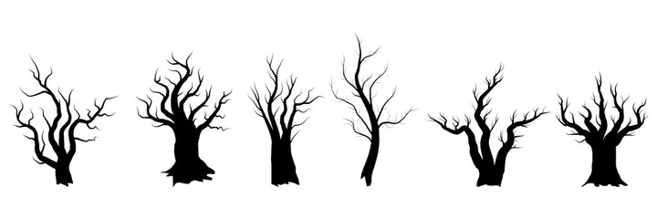 Set of naked trees on white background. Silhouette of wooden trunk and branches. Vector illustration.