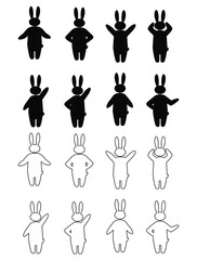 Set of silhouette of rabbits, bunnies. Different poses. Vector illustration. Black and white icon set. Minimalistic design. 