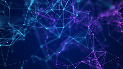 Abstract background with moving dots and lines. Network connection structure. Futuristic illustration. Digital technology design. 3d rendering.