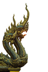 Phaya Naga statue at a temple in Thailand with white backdrops.