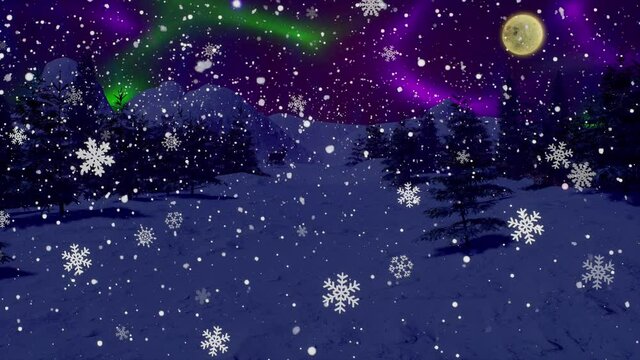 White snowflakes are falling on the backdrop of a beautiful winter landscape. Snow floats on the background of the northern lights and full moon. Reindeer walks among the fir trees on Christmas Eve.