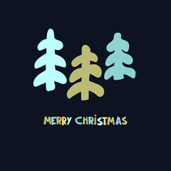 Fototapeta na wymiar Christmas greeting card design template. Hand drawn snowy fir trees, Merry Christmas hand lettering on dark blue background