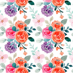 Seamless pattern with pink orange rose flower watercolor