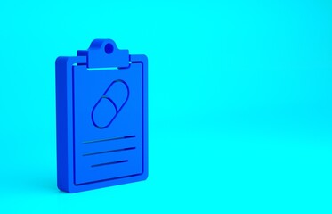 Blue Medical prescription icon isolated on blue background. Rx form. Recipe medical. Pharmacy or medicine symbol. Minimalism concept. 3d illustration 3D render.