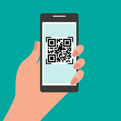 Hand holding mobile phone with QR code on the screen.