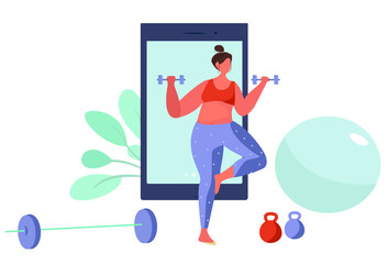 Character Doing Sports Online at Home with Barbell,Ball and Dumbbells During Quarantine.Online Fitness Training,Sports Activity,Yoga,Gym on Phone by Application.Equipment for Sport.Vector Illustration