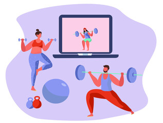 Characters Doing Sports Online at Home with Barbell,Ball, Dumbbells.Online Fitness Training, Sports Activity,Gym on Laptop by App.Equipment for Sport.Personal Trainer online.Flat Vector Illustration