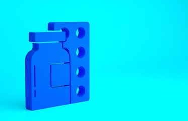 Blue Pills in blister pack icon isolated on blue background. Medical drug package for tablet, vitamin, antibiotic, aspirin. Minimalism concept. 3d illustration 3D render.