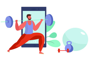 Character Doing Sports Online at Home with Barbell,Ball and Dumbbells During Quarantine.Online Fitness Training, Sports Activity,Gym on Phone by Application.Equipment for Sport.Vector Illustration