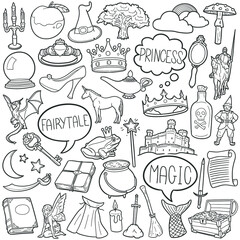 Fairytale doodle icon set. Magic Fantasy  Vector illustration collection. Princess Banner Hand drawn Line art style.