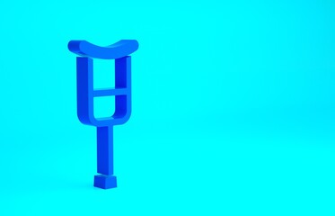 Blue Crutch or crutches icon isolated on blue background. Equipment for rehabilitation of people with diseases of musculoskeletal system. Minimalism concept. 3d illustration 3D render.