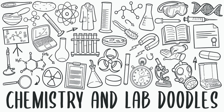 Chemistry doodle icon set. Laboratory Doctor Style Vector illustration collection. Banner Hand drawn Line art style.