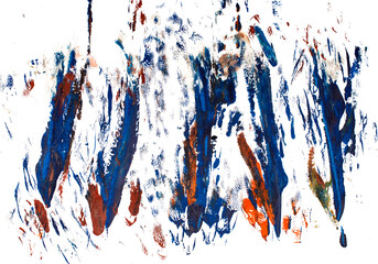 Abstract background with acrylic stokes and stains. Blue and orange on white paper..