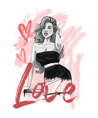 Love slogan. Hand drawn beautiful young woman. Fashion woman look.Sketch. Vector illustration EPS 10