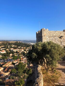 Top view from Sarrasine tower hills rock stone, whole view of cityscape and suburban of Vitrolles and Marignane in Marseille, Alps de Cote Azur, South France