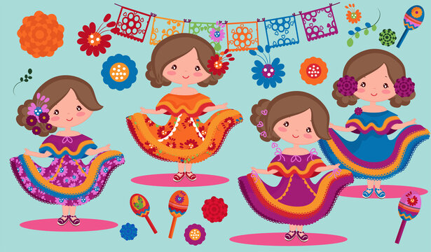 5th of May dancing girls, flat illustrations vector set
