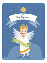 Angel with ribbon. Baptism reminder on blue sky and stars background. Vector illustration