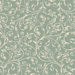 Seamless background baroque style green and beige color. Vintage Pattern. Retro Victorian. Ornament in Damascus style. Elements of flowers, leaves. Vector illustration. - 395557609