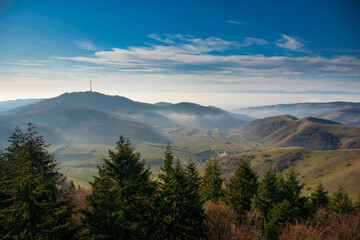 Fototapeta premium Blick vom Badberg im Kaiserstuhl in die nebelige Rheinebene