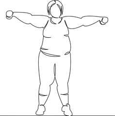 fat woman doing fitness with dumbbells bodypositive