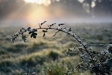 Branches de ronces avec toile d'araignée et lever de soleil derrière. France. 