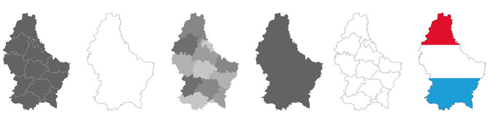 set of political maps of Luxembourg with regions and flag map isolated on white background