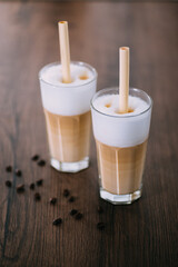 cappuccino, latte with natural sticks, reed tubes