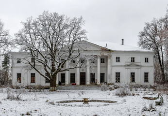 An old abandoned white manor in winter in the snow. A large tree next to an antique building. Beautiful ancient architecture with columns.