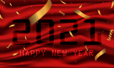 Happy new year 2021 template on a red silk background.