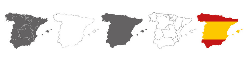 set of political maps of Spain with regions and flag map isolated on white background