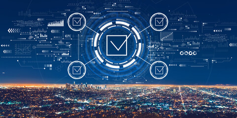Checklist concept with downtown Los Angeles at night