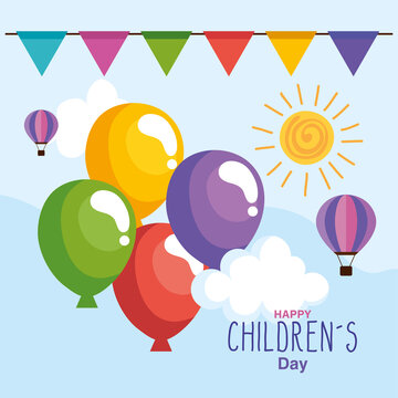 Happy childrens day with balloons and hot air balloon design, International celebration theme Vector illustration