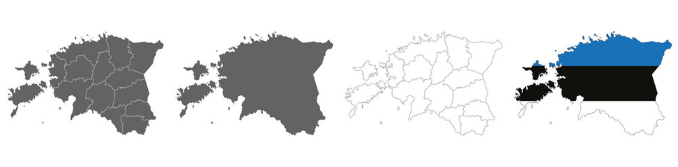 set of political maps of Estonia with regions and flag map isolated on white background