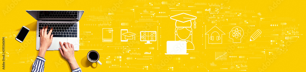 Poster distance learning theme with person using a laptop computer