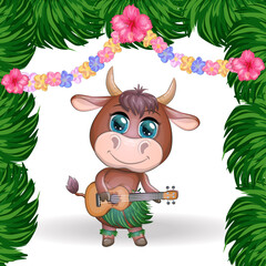 Cute cartoon bull, cow with beautiful eyes, Hawaiian hula dancer character with ukulele guitar among leaves, flowers. Chinese new year cute bull mascot