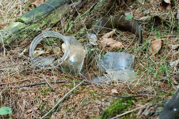 Shards of broken glass in the grass.