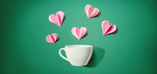 Coffee cup with paper craft hearts - flat lay