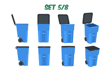 A set of blue isolated rollout heavy-duty wheeled trash/garbage cans, vector illustrations