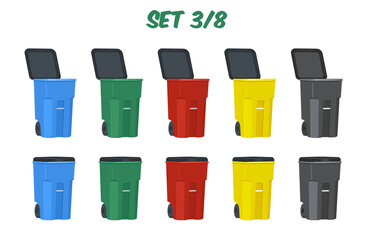 A set of colorlul isolated rollout heavy-duty wheeled trash/garbage cans, vector illustrations