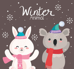 koala and rabbit cartoons in winter season design, merry christmas and decoration theme Vector illustration