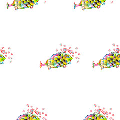 Fototapeta na wymiar Raster pattern of fish. Colorful fish. Fishing, rest on the water. Seamless ornament. Pencil illustration. Colored pencils. Bright picture