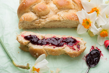 Vegan sweet Easter braid with cherry jam