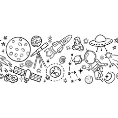 Hand drawn space banner template. Space doodle Vector illustration with cartoon rocket, planets, stars. Universe for your design. Seamless pattern