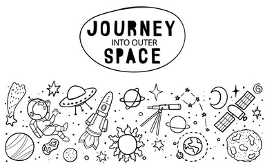 Hand drawn space banner template. Space doodle Vector illustration with cartoon rocket, planets, stars. Universe for your design