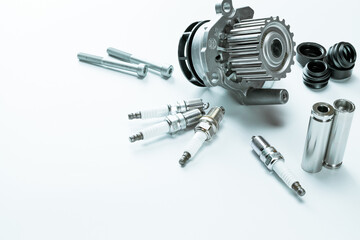 Sapre parts. Auto motor mechanic spare or automotive piece on white background. Set of new metal...